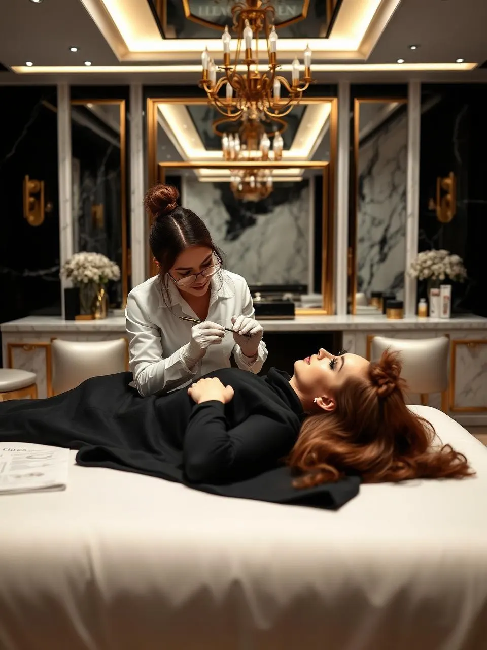 Luxury lash technician working with a client in an elegant salon